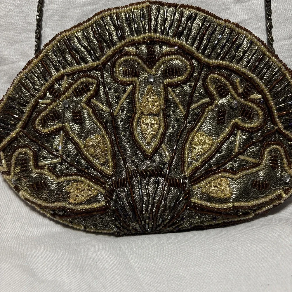 Vintage Beaded Evening Bag Clutch Purse Chain Strap Brown Gold Party‎ Crossbody